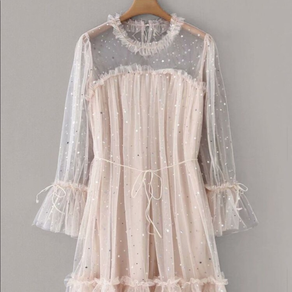 Plus Contrast Mesh Star Pattern A-Line Dress